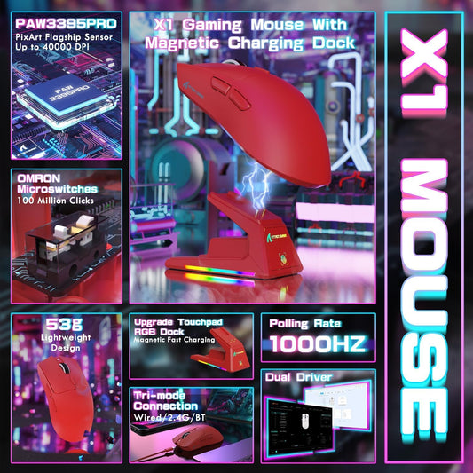 ATTACK SHARK X1 Ultralight Wireless Gaming Mouse - 40000DPI, RGB Charging Dock, Optical Switch, Red