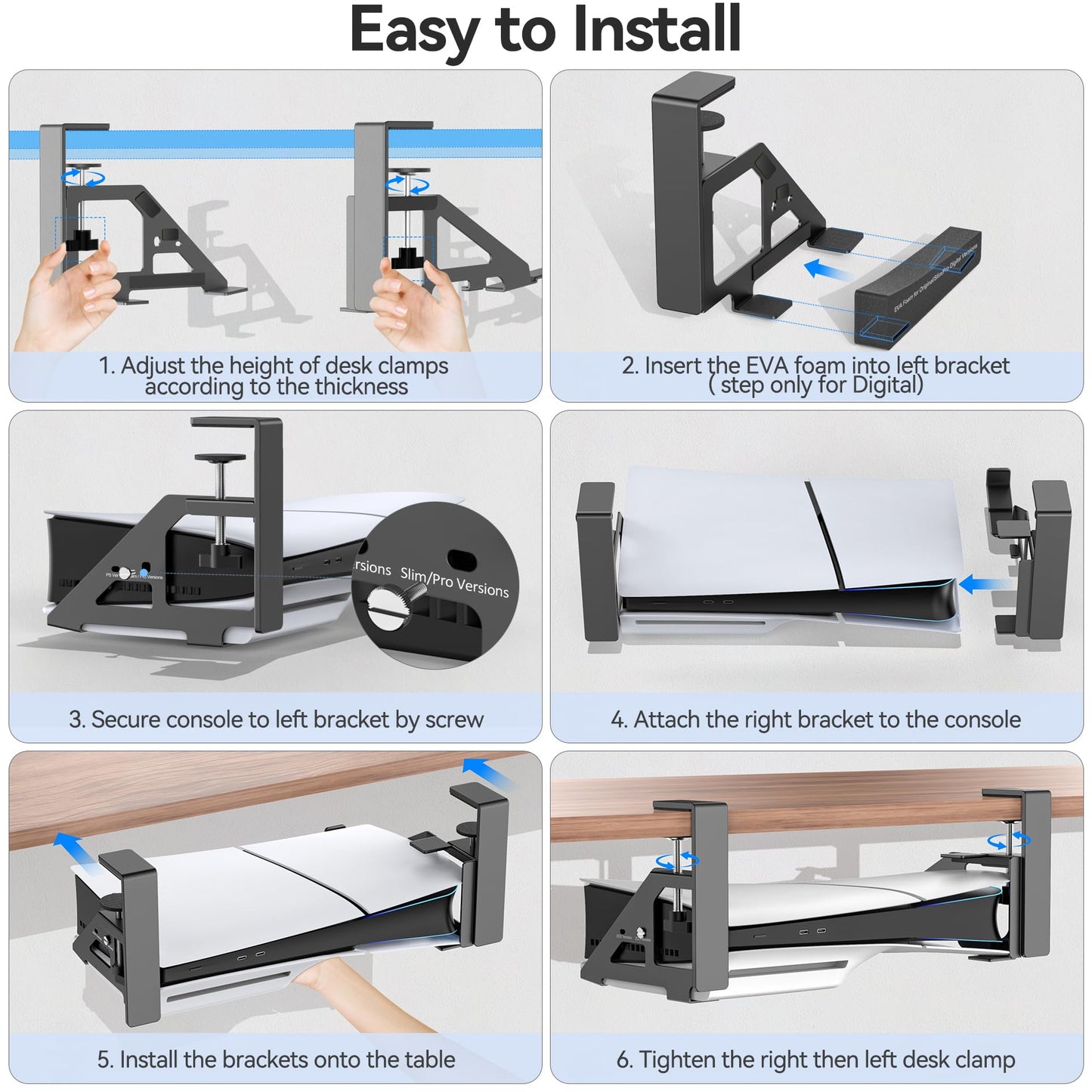 Kosker PS5 Under Desk Mount - Metal Clamp Holder for PS5/Slim/Pro, Black, Model KO-P5317X