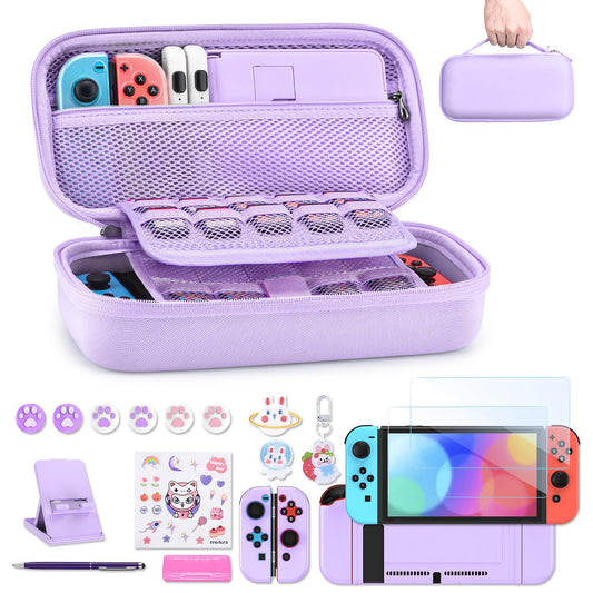innoAura Switch Case 19-in-1 Bundle for NS Switch (2017)  with Carrying Case  Game Organizer  Screen Protector  Stand and Thumb Grips  Purple