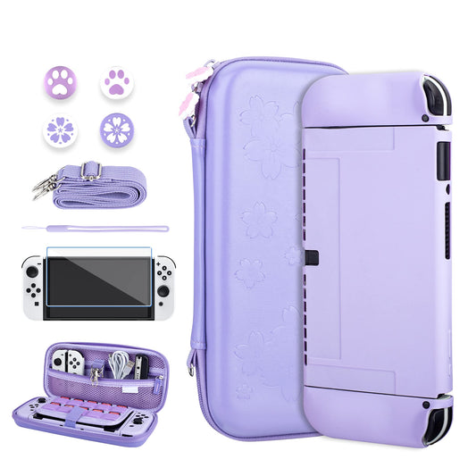 RHOTALL Purple Sakura Embossing Carrying Case for Nintendo Switch OLED, Potable Case for Switch OLED with Soft Cover, Screen Pro