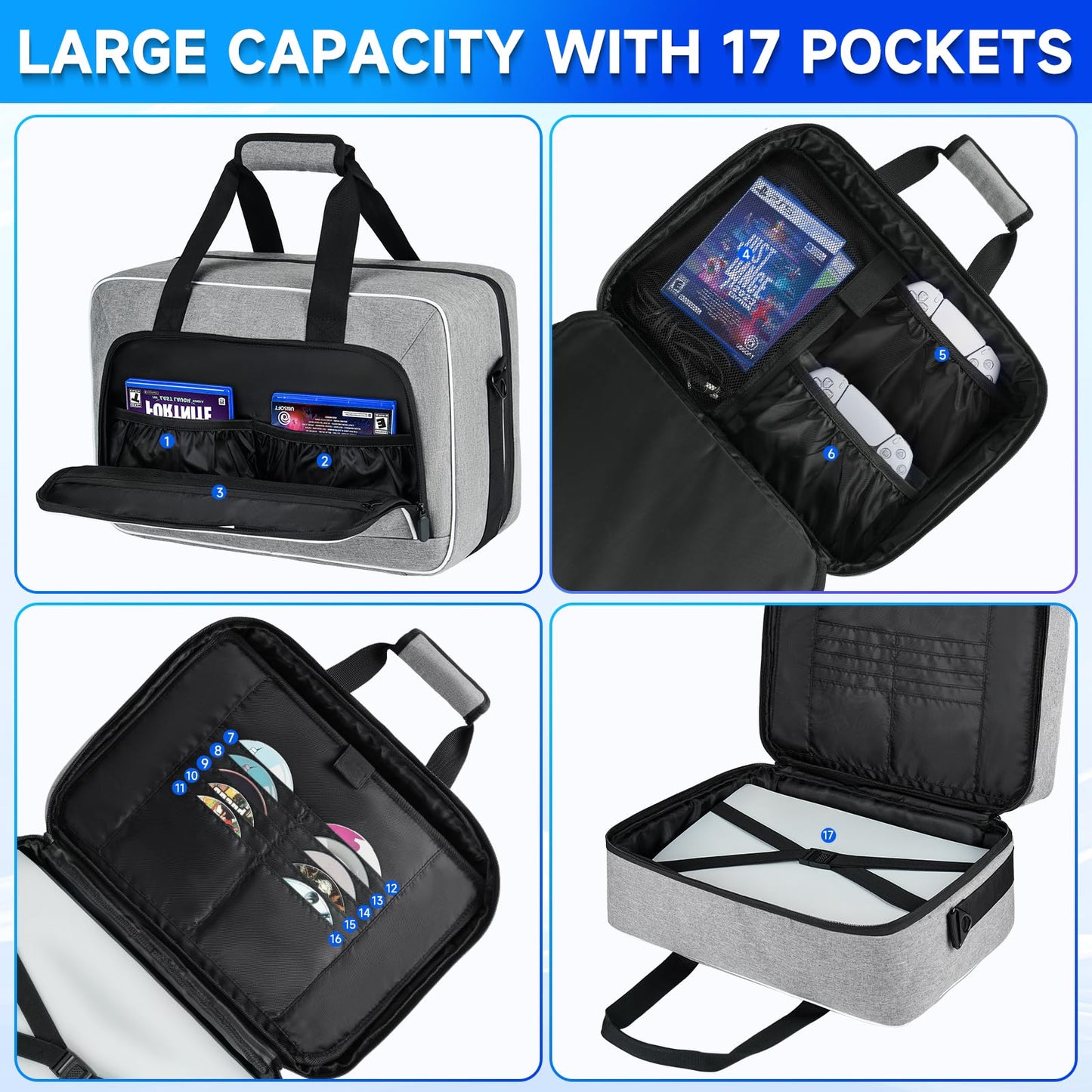 LEFOR·Z PS5 Carrying Case - 17 Pocket Travel Storage Bag, Grey, 17 x 12 x 12 inches, Thick Padding for PS5/PS4 Accessories