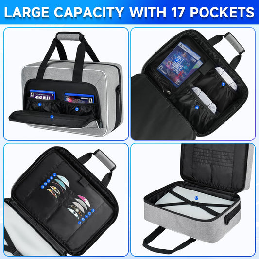 LEFOR·Z PS5 Carrying Case - 17 Pocket Travel Storage Bag, Grey, 17 x 12 x 12 inches, Thick Padding for PS5/PS4 Accessories