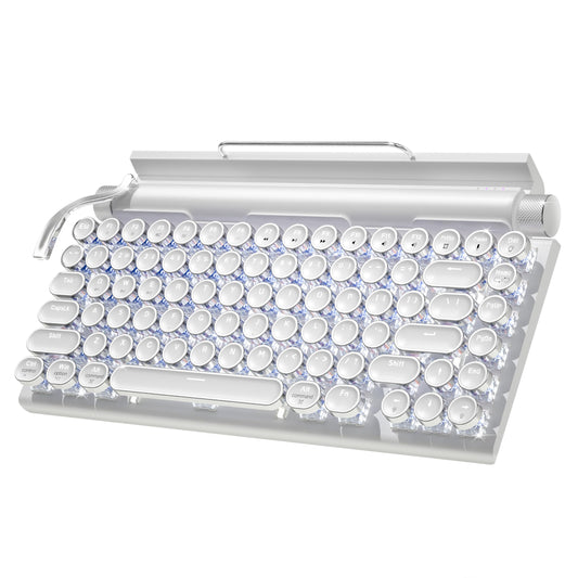 Retro Typewriter Wireless Mechanical Gaming Keyboard  Bluetooth 5.0 Office Computer Vintage Keyboards 83-Key Blue Switches Punk Round Keycap  LED Backlight  Compatible with PC/Laptop/Pad/Phone  White