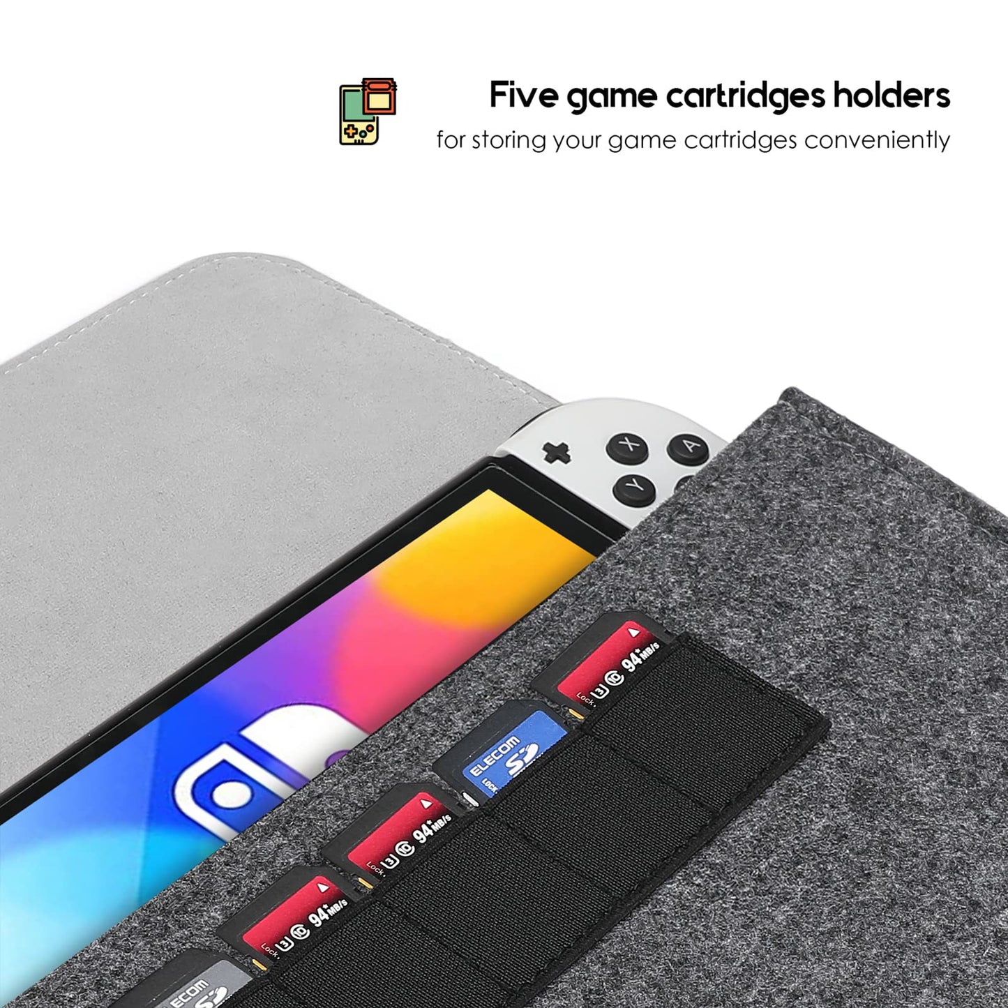 ProCase Carrying Case for Nintendo Switch OLED & Switch 2017 - Ultra Slim Felt Pouch, Grey with 5 Game Cartridges Holders