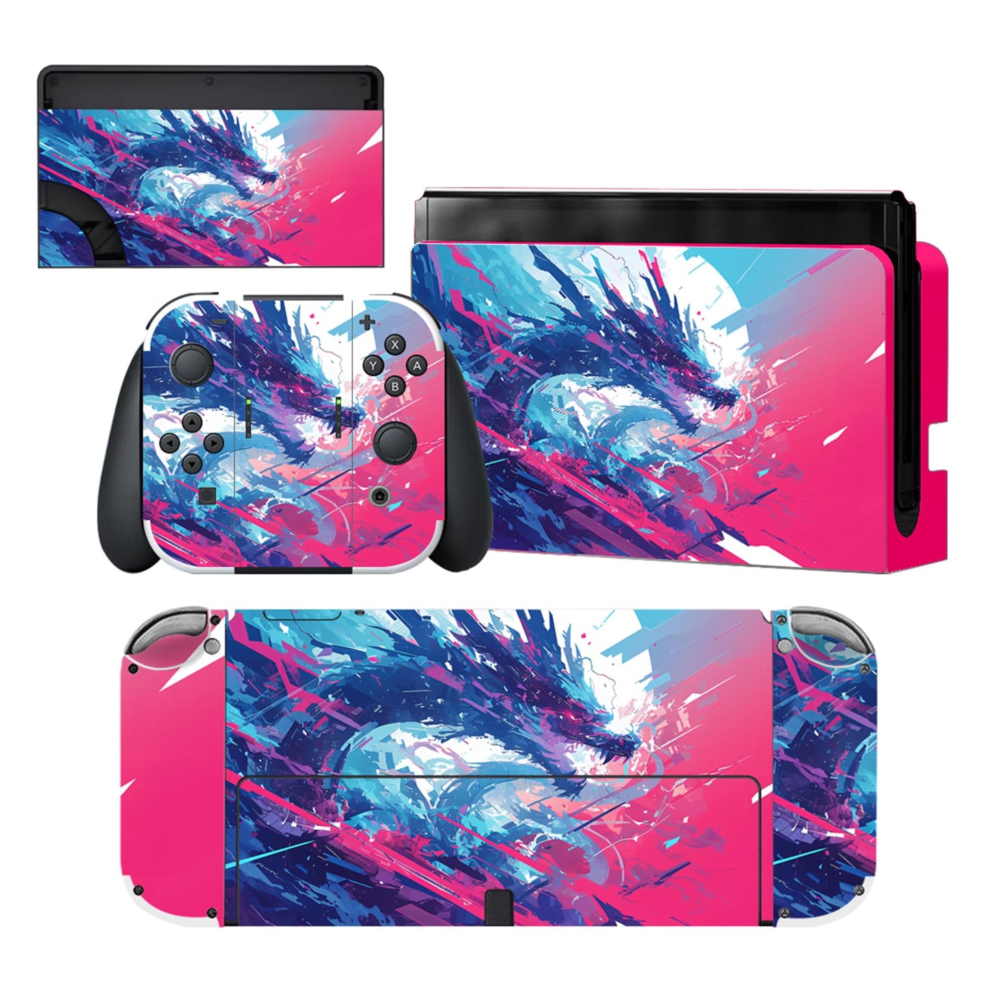 PlayVital for Nintendo Switch OLED Skins Full Set - No-Residue Protective Vinyl Decal Wrap Sticker for Switch OLED Console  Dock  Joycon & Hand Grips - Neon Dragoon