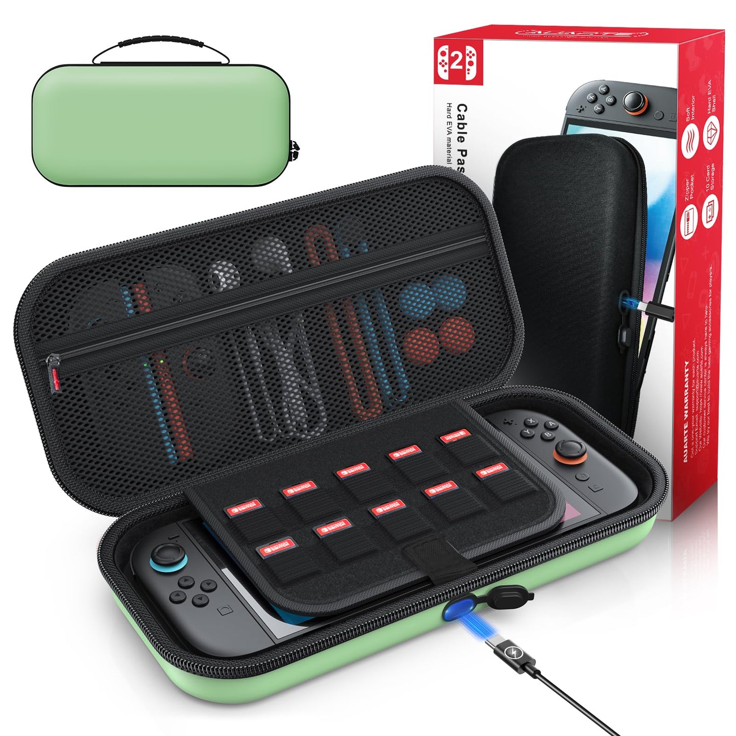 Auarte [Charge Inside] Switch 2 Carrying Case for Nintendo Switch 2 Console 2025 / Switch Original/Switch OLED  Slim Travel Carry Case for Nintendo Switch 2 Accessories with 10 Game Card Storage (Green)