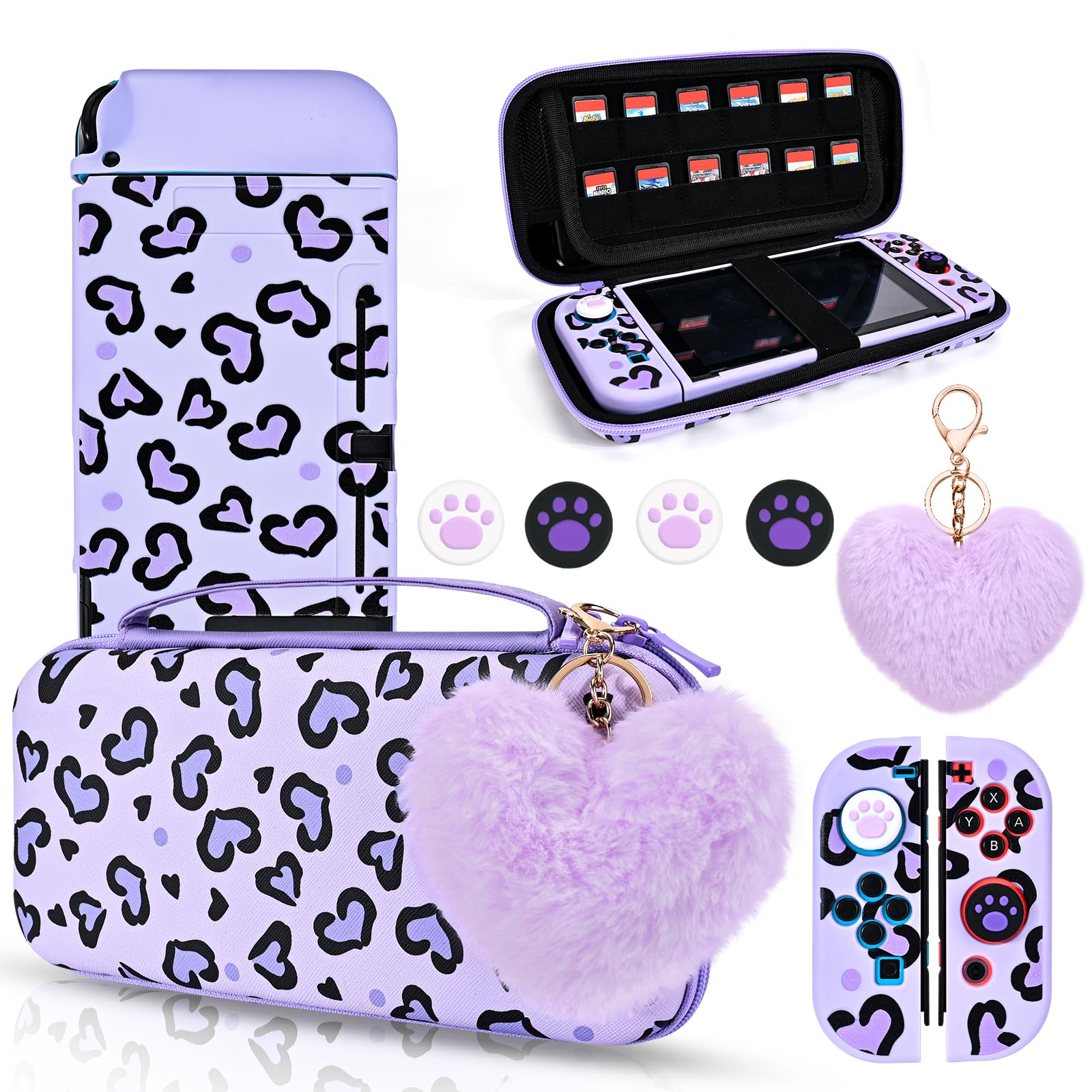 DLseego Love Heart Leopard Carrying Case for Switch 2017 Accessories Set  Portable Carrying Case with 1 Soft TPU Shell & 1PCS Plush Heart Pendant & 12 Slots & 4PCS Cat Paw Thumb Grips Caps- Purple