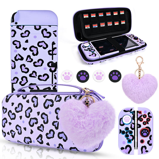 DLseego Love Heart Leopard Carrying Case for Switch 2017 Accessories Set  Portable Carrying Case with 1 Soft TPU Shell & 1PCS Plush Heart Pendant & 12 Slots & 4PCS Cat Paw Thumb Grips Caps- Purple