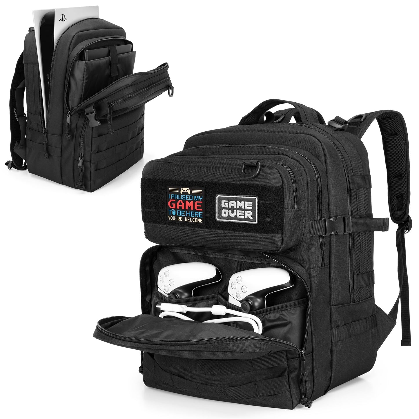 PGmoon Tactical Game Backpack for PS5/PS4 - 17.72 Black Carrying Case for Laptop & Accessories - Model CAPG00201