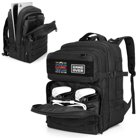 PGmoon Tactical Game Backpack for PS5/PS4 - 17.72 Black Carrying Case for Laptop & Accessories - Model CAPG00201