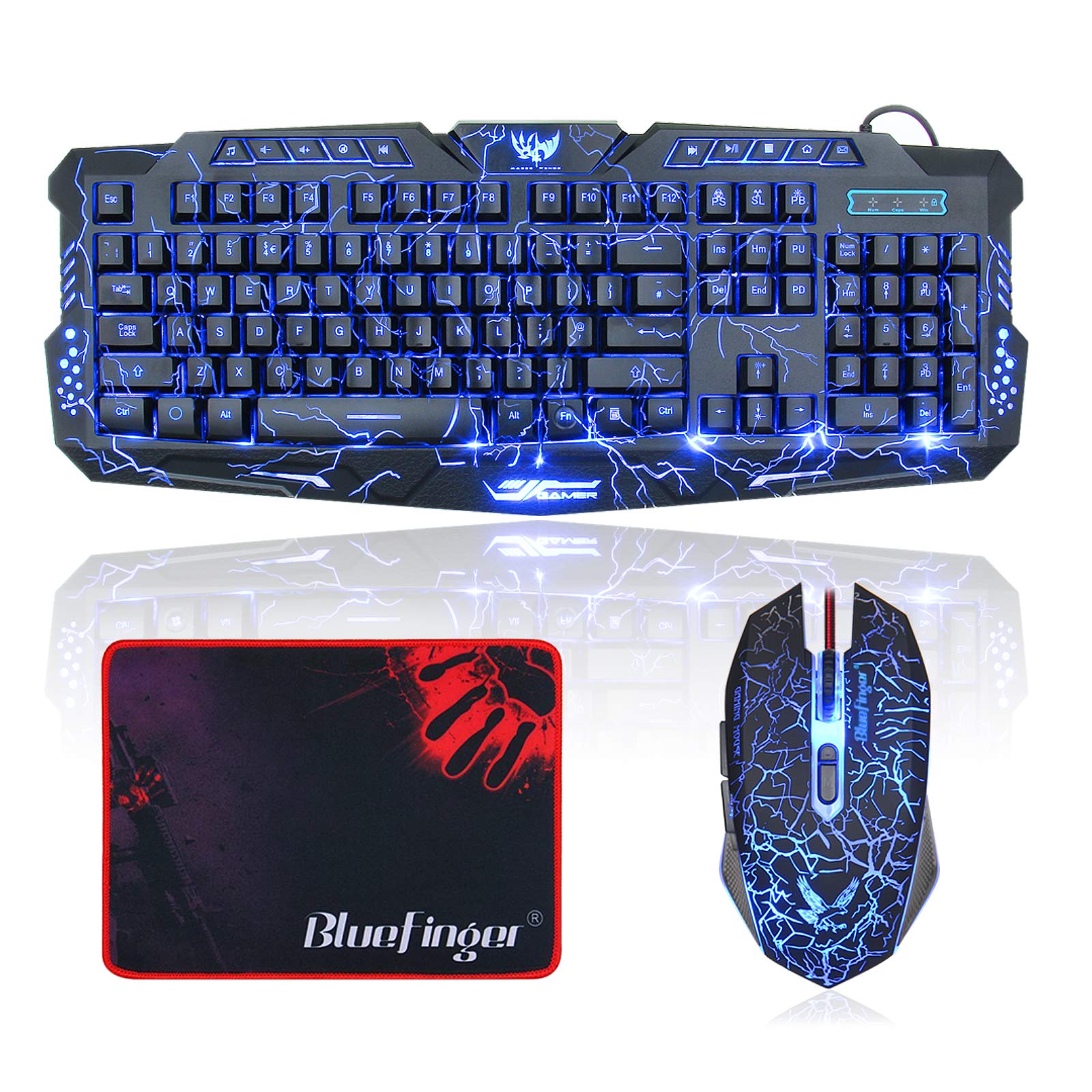 BlueFinger Gaming Keyboard and Mouse USB Wired Backlit Gaming Mouse and Keyboard Combo Letters Glow  3 Color split Backlit Illumination Keyboard and Mouse Set for Game and Work