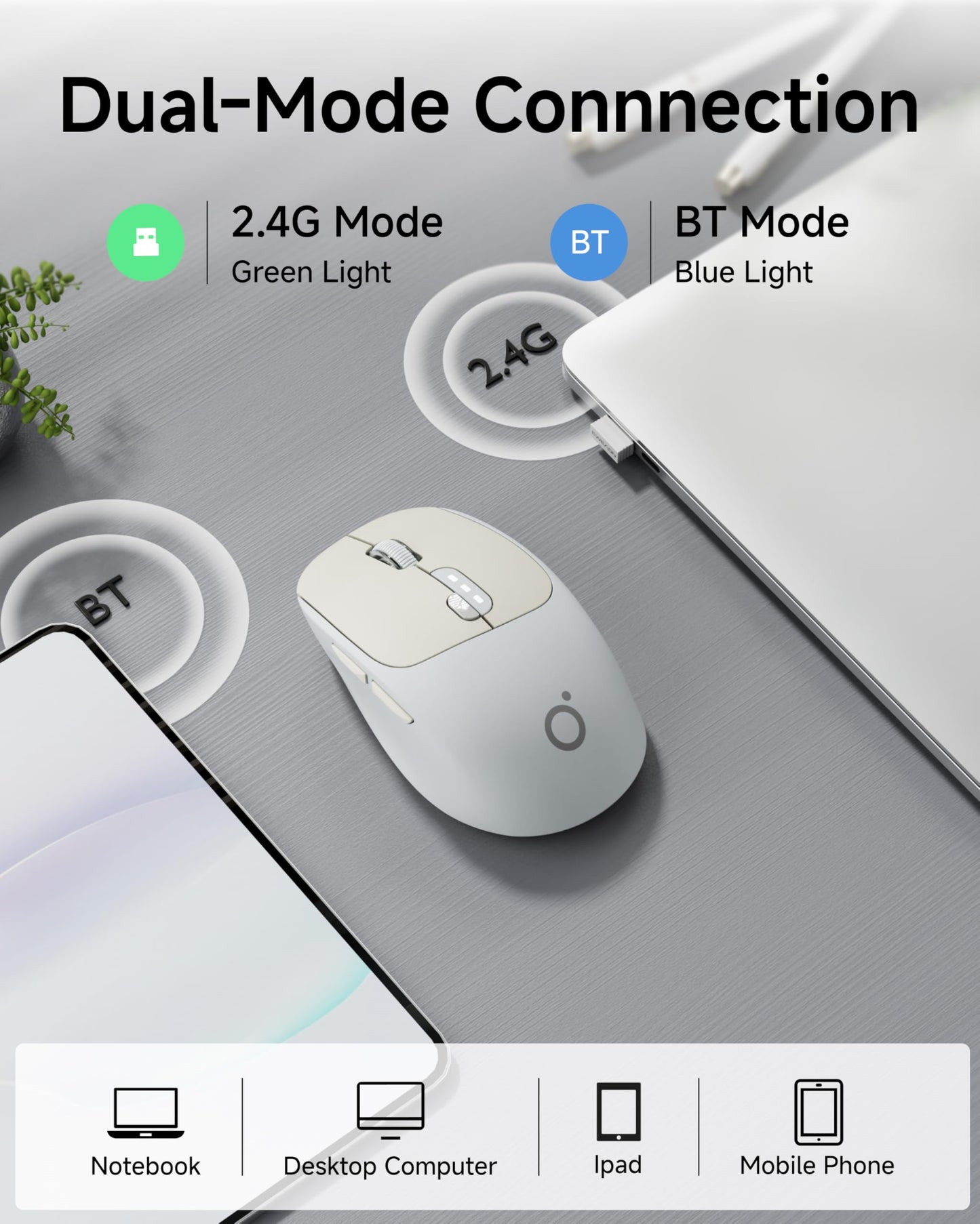 SEUNKWANG Q5 Wireless Mouse, Bluetooth & 2.4G, 1600 DPI, Ergonomic, Grey