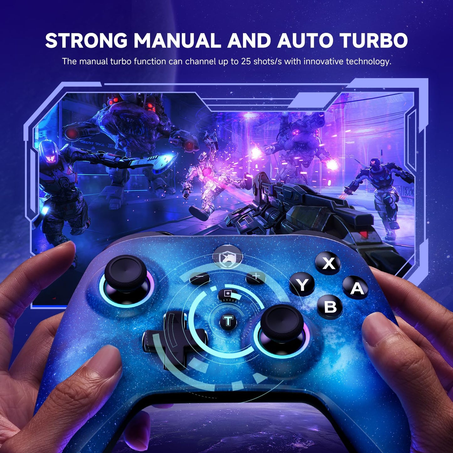ECHTPower ES01PE Wireless Controller - Bluetooth, RGB, 1000mAh, Turbo, Vibration - Starry Sky Blue, Compatible with Switch/Switch 2/PC/iOS/