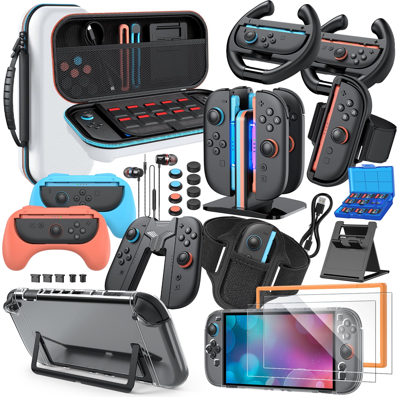 Switch 2 Accessories Bundle  30-in-1 Kit for Nintendo Switch 2: Carrying Case  Controller Charger Dock  Grips for JoyCon  Steering Wheels  Wrist Band  Leg Strap  Protective Cover for Switch 2 Console  White (30Pcs)