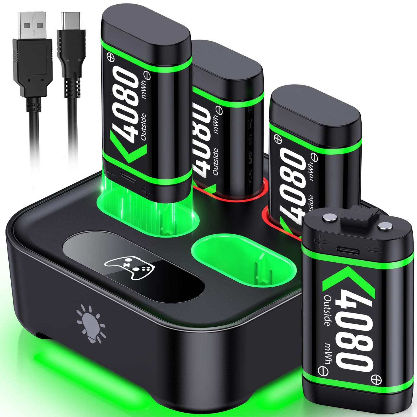 Upgraded Fast Charging Rechargeable Battery Packs with Light Control  4x4080mWh Xbox Controller Batteries with Charger Dock for Xbox Series X|S  One S/X/Elite Controllers Cases and Storage Sets