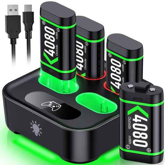 Upgraded Fast Charging Rechargeable Battery Packs with Light Control  4x4080mWh Xbox Controller Batteries with Charger Dock for Xbox Series X|S  One S/X/Elite Controllers Cases and Storage Sets