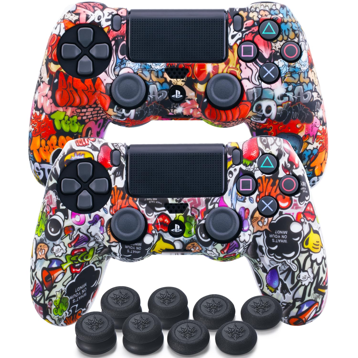 YoRHa Print Silicone Skin for PS4 Controller x 2(Street Art Pack) with Exclusive Thumb Grips x 8