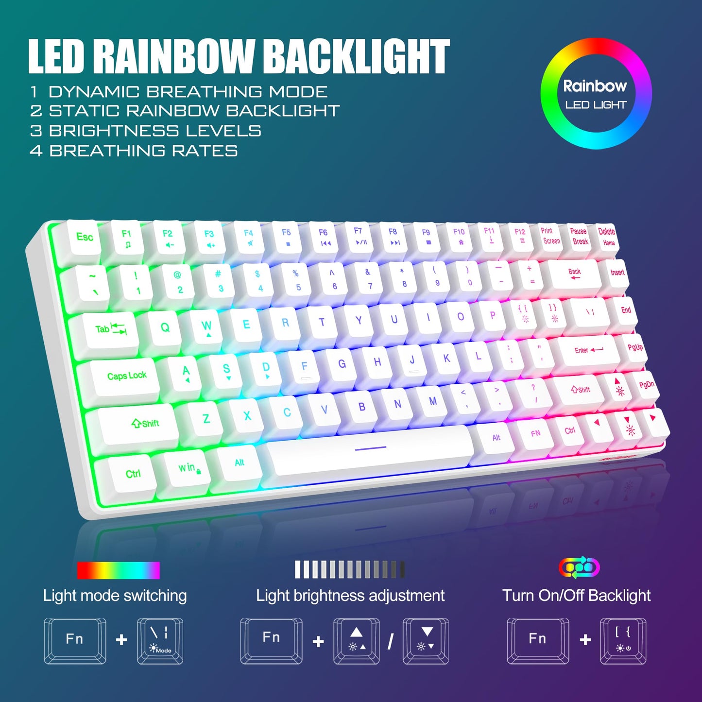 RedThunder K84 Wireless Keyboard & Mouse Combo, 75% TKL, Rainbow Backlit, Rechargeable, White