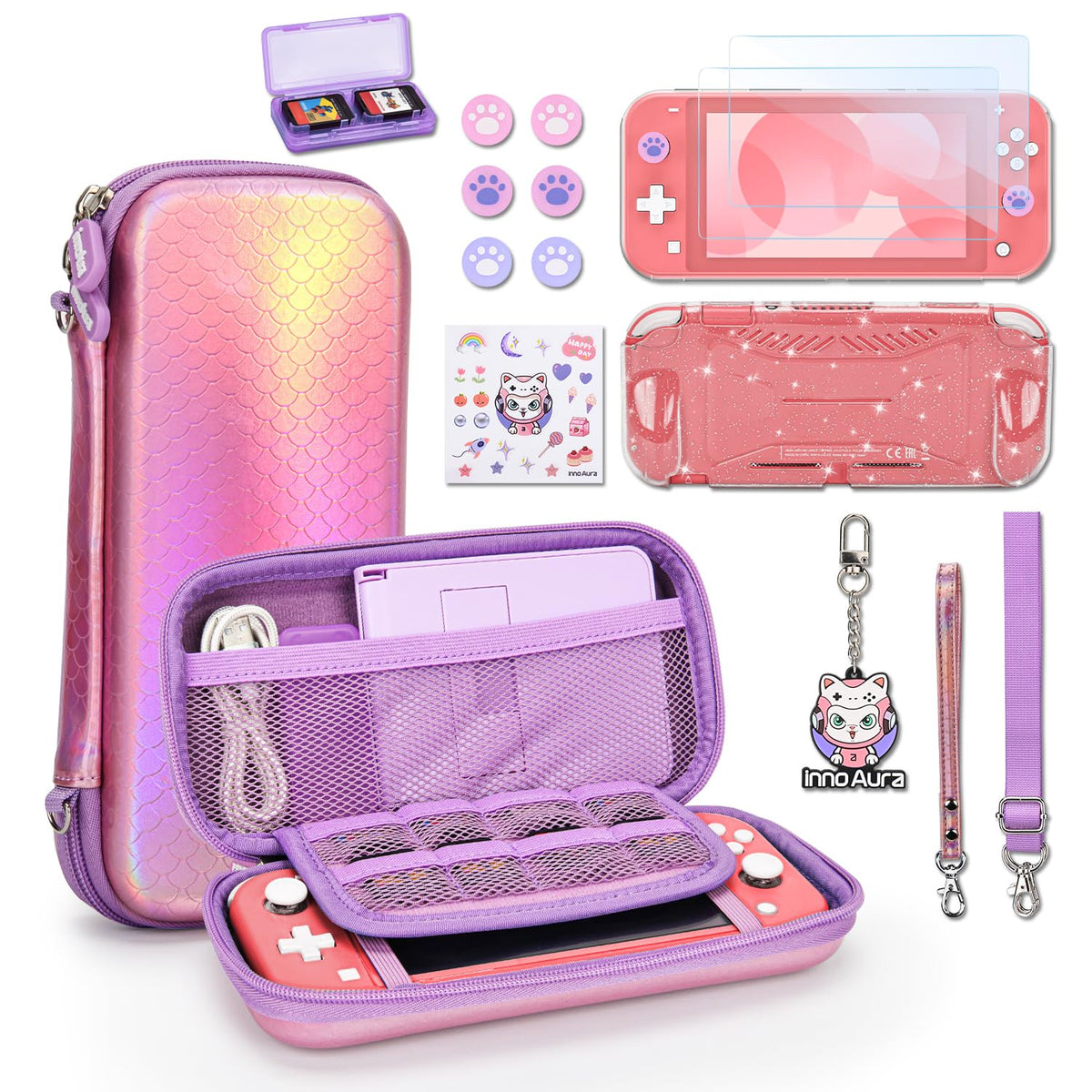 innoAura Switch Lite Case  15 in 1 Switch Lite Accessories Bundle with Mermaid Switch Lite Carrying Case  Switch Lite Screen Protector  Switch Game Case  Switch Thumb Caps (Mermaid Pink)