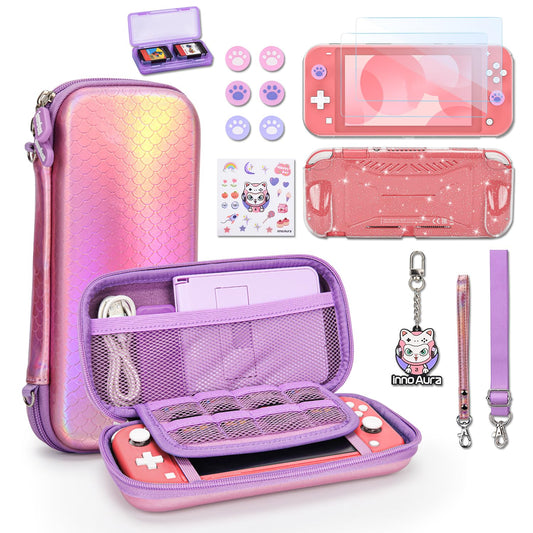 innoAura Switch Lite Case  15 in 1 Switch Lite Accessories Bundle with Mermaid Switch Lite Carrying Case  Switch Lite Screen Protector  Switch Game Case  Switch Thumb Caps (Mermaid Pink)