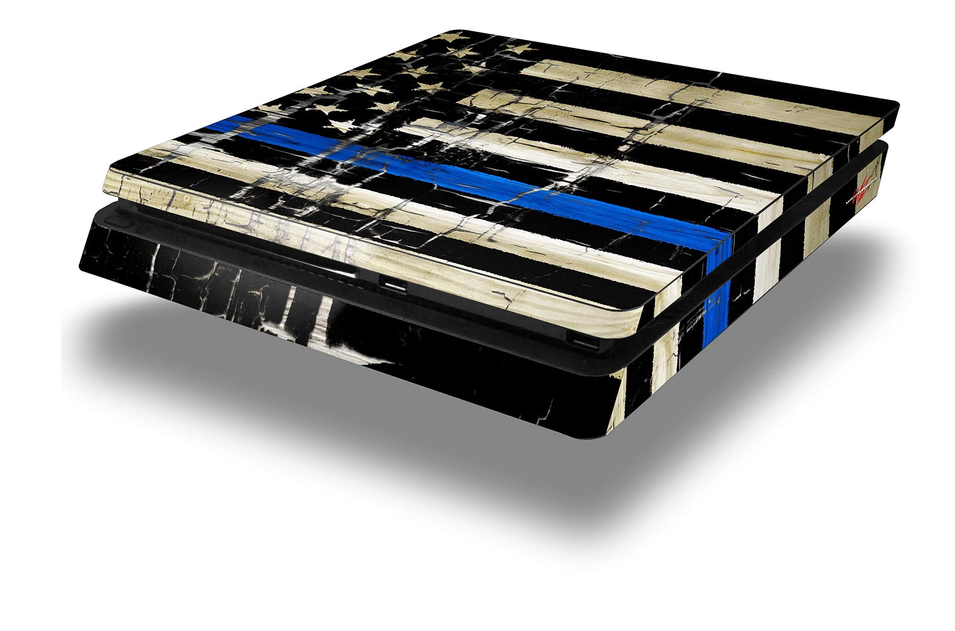 Vinyl Decal Skin Wrap compatible with Sony PlayStation 4 Slim Console Painted Faded Cracked Blue Line Stripe USA American Flag (