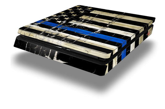 Vinyl Decal Skin Wrap compatible with Sony PlayStation 4 Slim Console Painted Faded Cracked Blue Line Stripe USA American Flag (