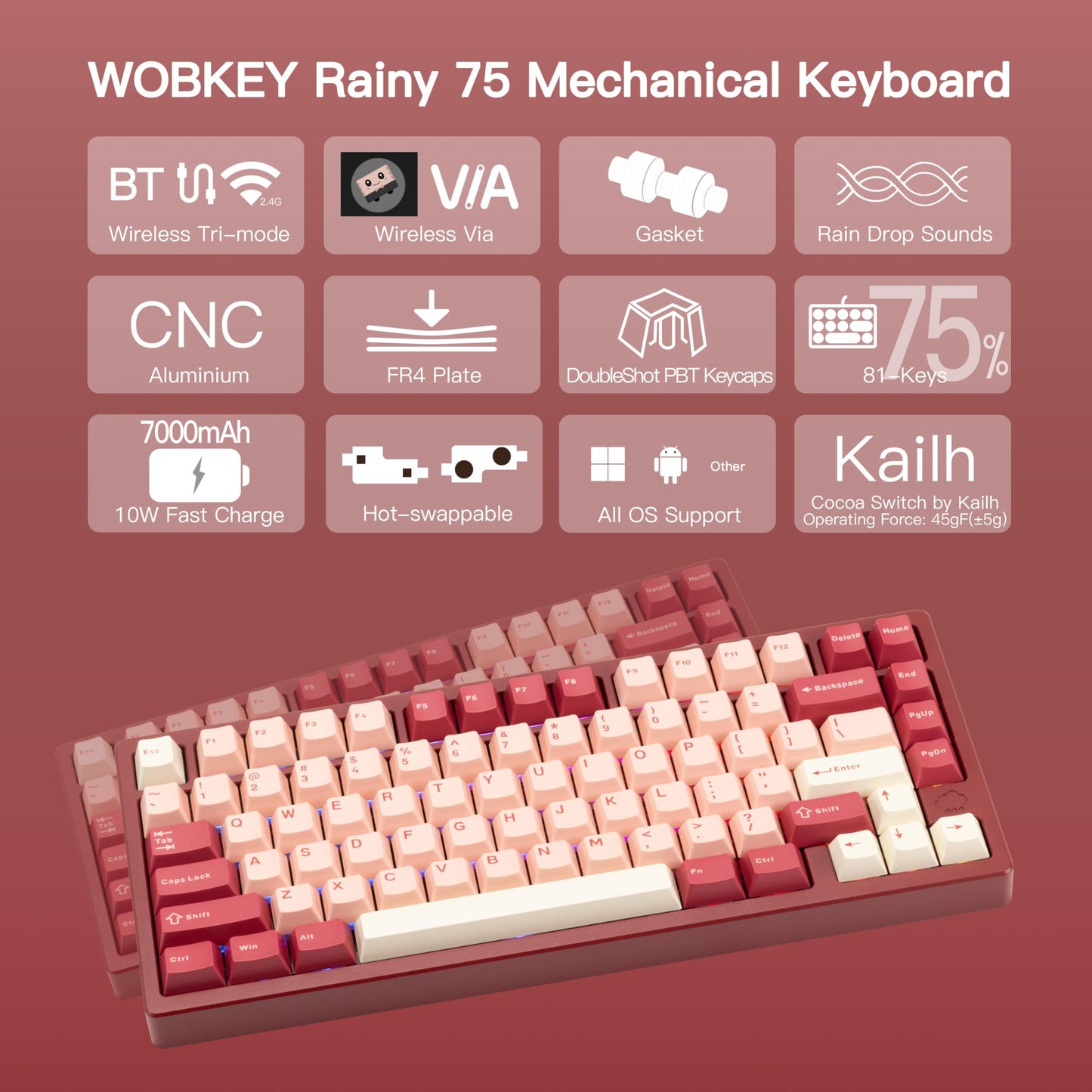 KEEBMONKEY Mechanical Keyboard - Rainy 75, CNC Aluminum, RGB, Triple-Mode, Pro - Red Velvet, Superior Acoustics, Cocoa Switches
