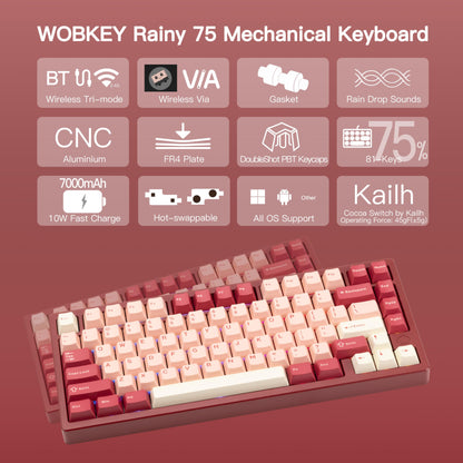 KEEBMONKEY Mechanical Keyboard - Rainy 75, CNC Aluminum, RGB, Triple-Mode, Pro - Red Velvet, Superior Acoustics, Cocoa Switches