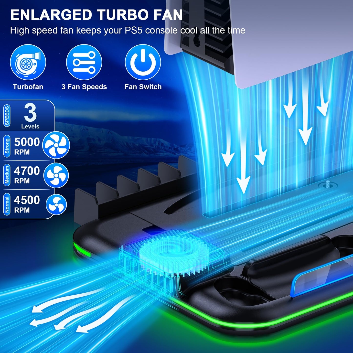 EXTREMECOOL PS5 Slim Stand & Turbo Cooling Station with RGB Light, 3 Levels Fan, Game Storage & Headset Holder, Fit PS5 Slim/Black