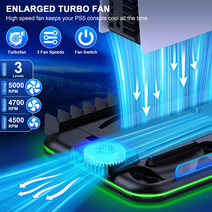 EXTREMECOOL PS5 Slim Stand & Turbo Cooling Station with RGB Light, 3 Levels Fan, Game Storage & Headset Holder, Fit PS5 Slim/Black