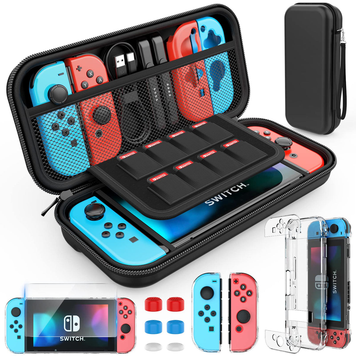 HEYSTOP Switch Case Compatible with Nintendo Switch  9 in 1 Switch Accessories kit with Carrying Case  Dockable Protective Case  HD Screen Protector and 6pcs Thumb Grips Caps