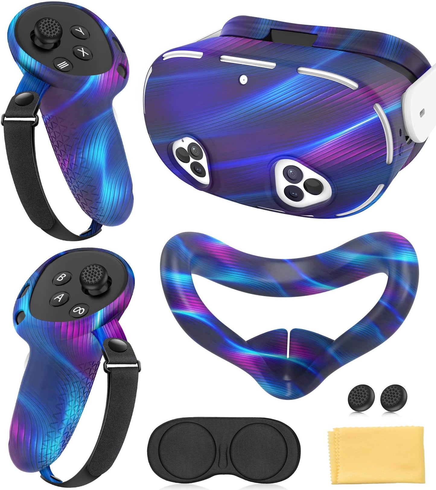 Silicone Cover Set Compatible with Meta Quest 3S Accessories  VR Protector Face Cover  Controller Grips  Front Shell Headset & Lens Protective C-Over for Oculus/Meta Quest 3s Accessories(Aurora Blue)