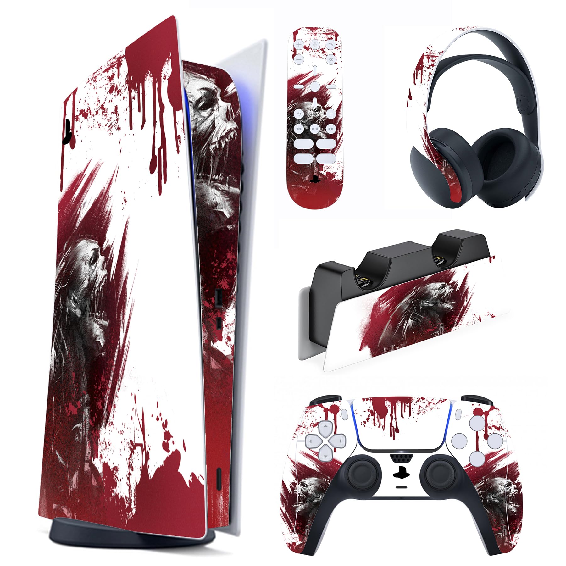 PlayVital Full Set Skin Decal for ps5 Console Digital Edition  Sticker Vinyl Decal Cover for ps5 Controller & Charging Station & Headset & Media Remote - Blood Zombie