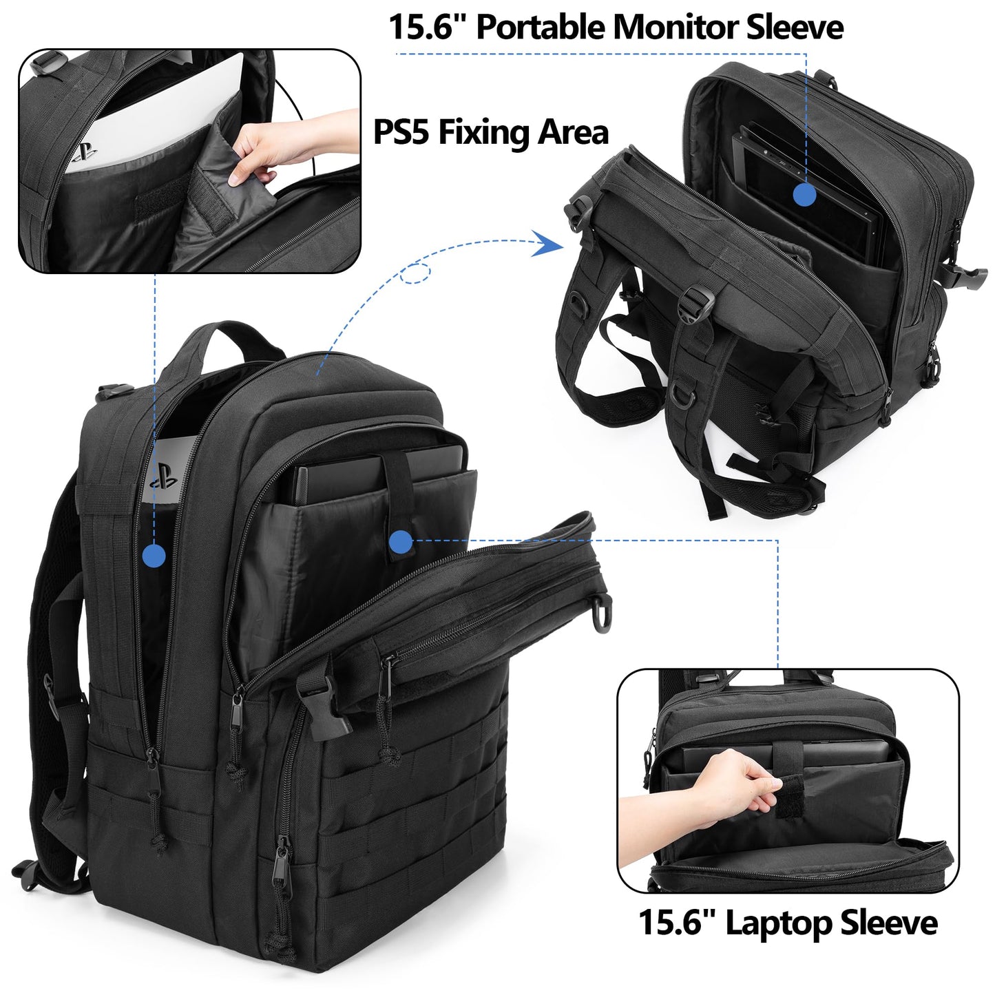 PGmoon Tactical Game Backpack for PS5/PS4 - 17.72" Black Carrying Case for Laptop & Accessories - Model CAPG00201