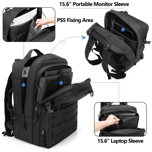 PGmoon Tactical Game Backpack for PS5/PS4 - 17.72" Black Carrying Case for Laptop & Accessories - Model CAPG00201