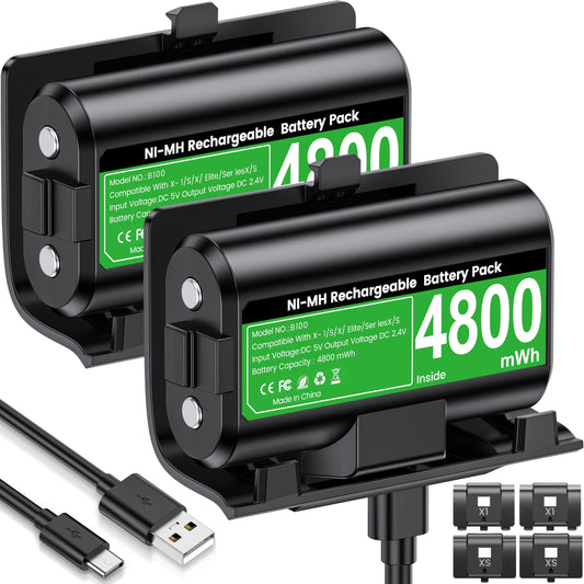 Svetaecho Xbox One Controller Battery Pack with USB C Cable, 2 x 4800mAh, Black, Model B100, Includes 4 Back Covers for Xbox Series X S