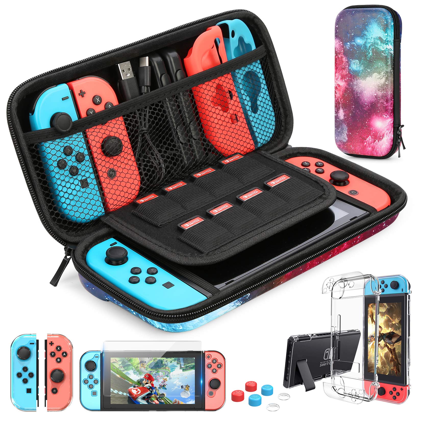 HEYSTOP Nintendo Switch Accessories Kit - Protective Case  Screen Protector  Joy-Con Cover  Thumb Grips  and More