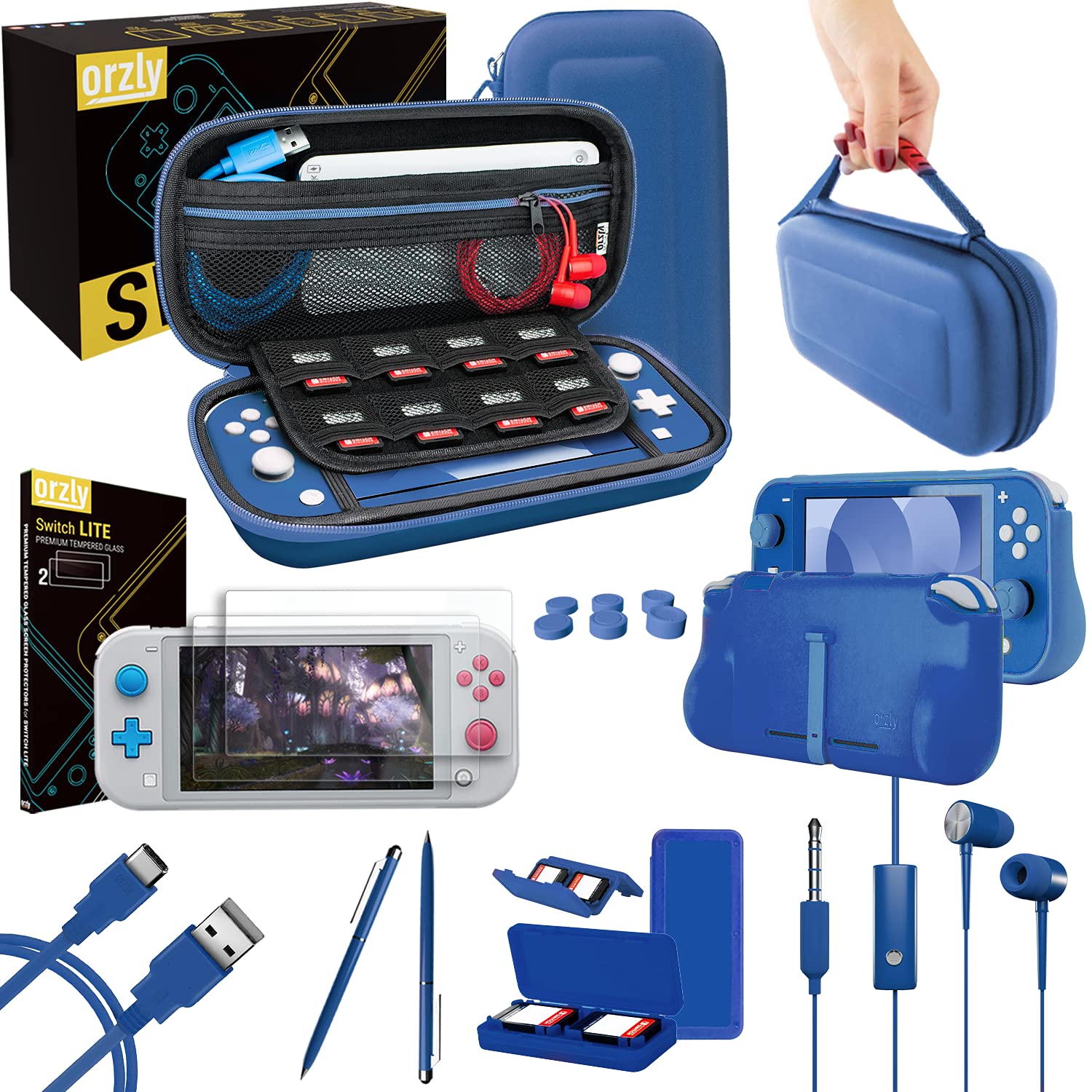 Orzly Switch Lite Accessories Bundle - Case, Screen Protector, USB Cable, Headphones, Comfort Grip - New Blue, Model: Ad-bm1-121898