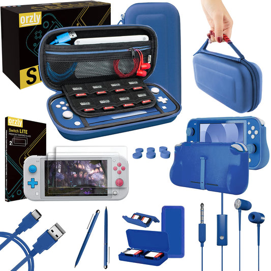 Orzly Switch Lite Accessories Bundle - Case, Screen Protector, USB Cable, Headphones, Comfort Grip - New Blue, Model: Ad-bm1-121898