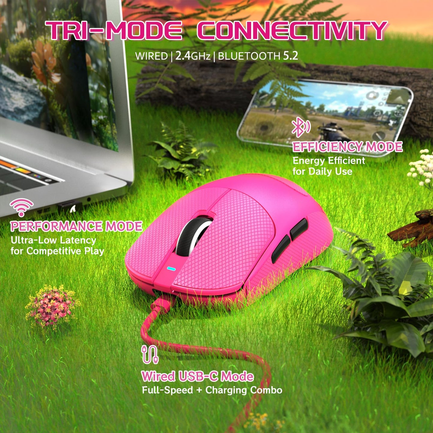 MAMBASNAKE X8 Plus Wireless Gaming Mouse - 55g Lightweight, Ergonomic, 40K DPI, Red White Tape, Programmable Buttons for PC/Mac