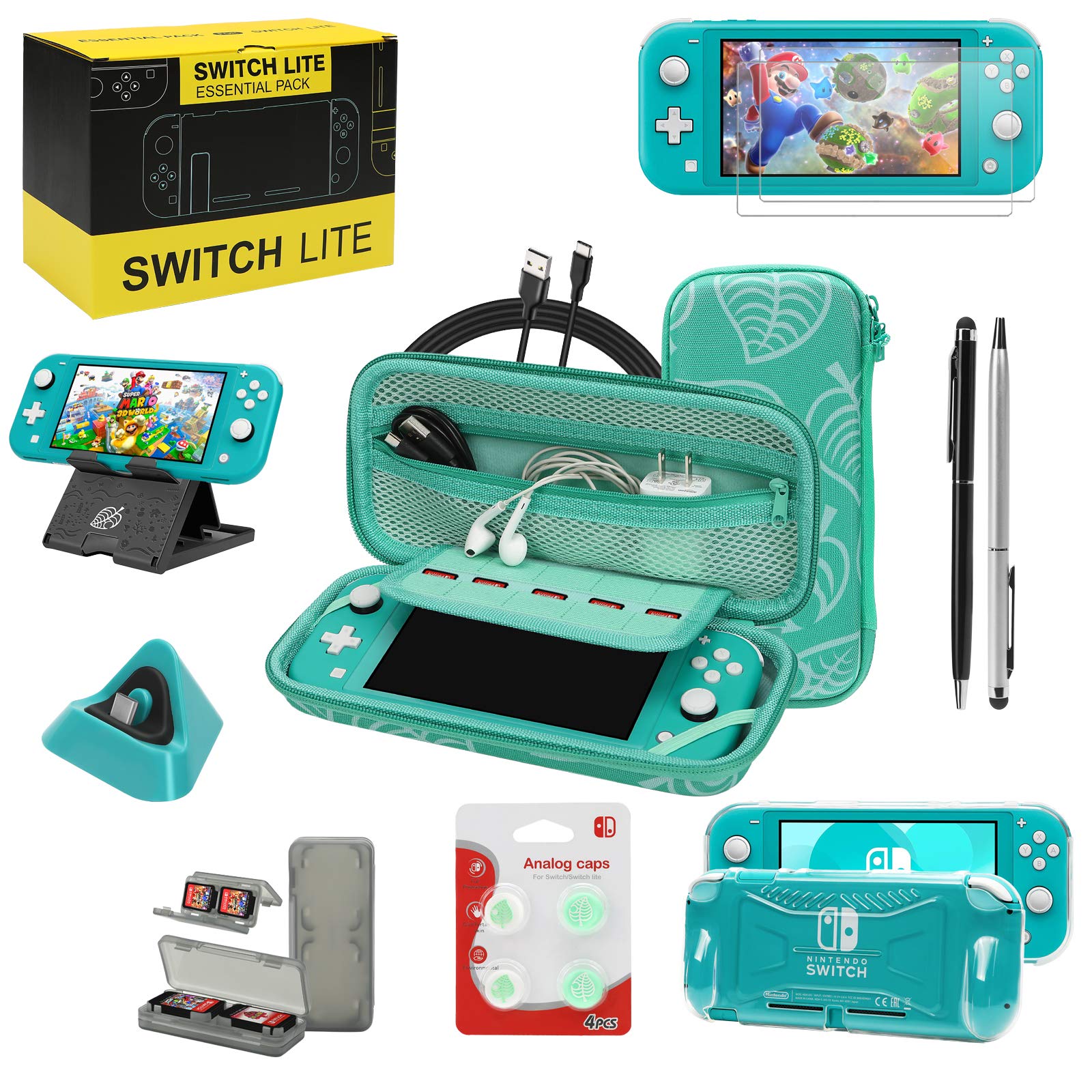 Switch Lite Accessories Bundle  Kit with Carrying Case TPU Case Cover with Screen Protector Charging Dock Playstand  Game Case  USB Cable  Stylus Thumb Grip Caps for Nintendo Switch Lite (Turquoise)