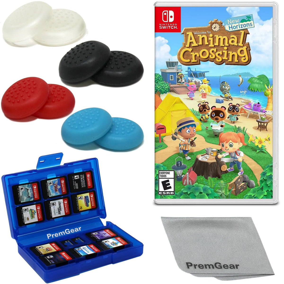 Animal Crossing: New Horizons - Nintendo Switch with PremGear 4 different Colors Thumb Grips (8 pack)  24 Slot Game Card Holder & Cleaning Cloth