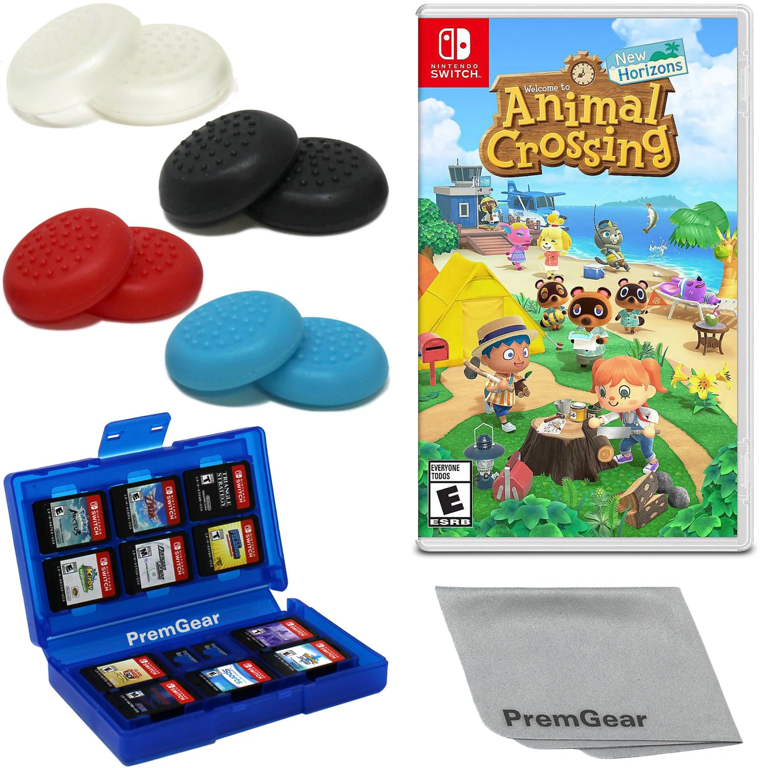 Animal Crossing: New Horizons - Nintendo Switch with PremGear 4 different Colors Thumb Grips (8 pack)  24 Slot Game Card Holder & Cleaning Cloth