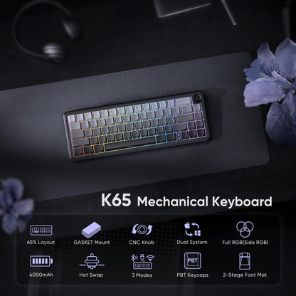 RedThunder K65 Wireless Mechanical Gaming Keyboard - Gasket Hot-Swap, RGB Backlit, Pre-lubed Switches, Gradient Gray