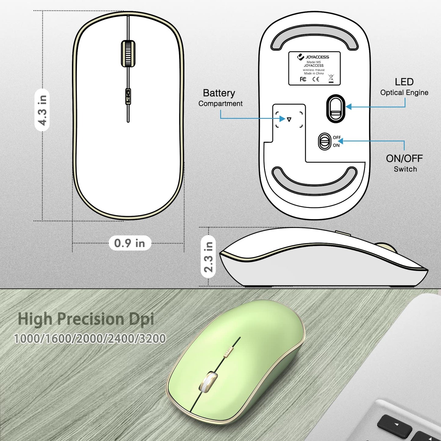 JOYACCESS Wireless Silent Mouse - 2.4G Portable USB Mouse, 5 Adjustable DPI, Light Green, Model J-2401