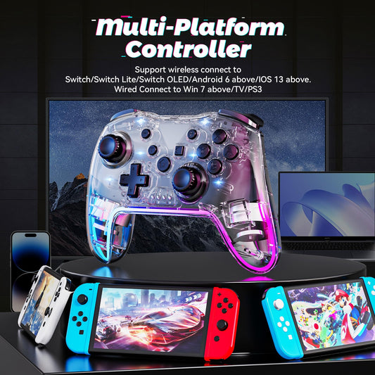 Twylyte Wireless Controller for Switch/Lite/OLED & PC - RGB Backlight, Turbo, Vibration - Transparent White, Model TLSWC-002