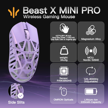 SMACKAPE Beast X Mini Pro Gaming Mouse - 34g, 30000 DPI, 8K Polling Rate, Soft Lilac, OM Switch, Customizable Panels, 116mm x
