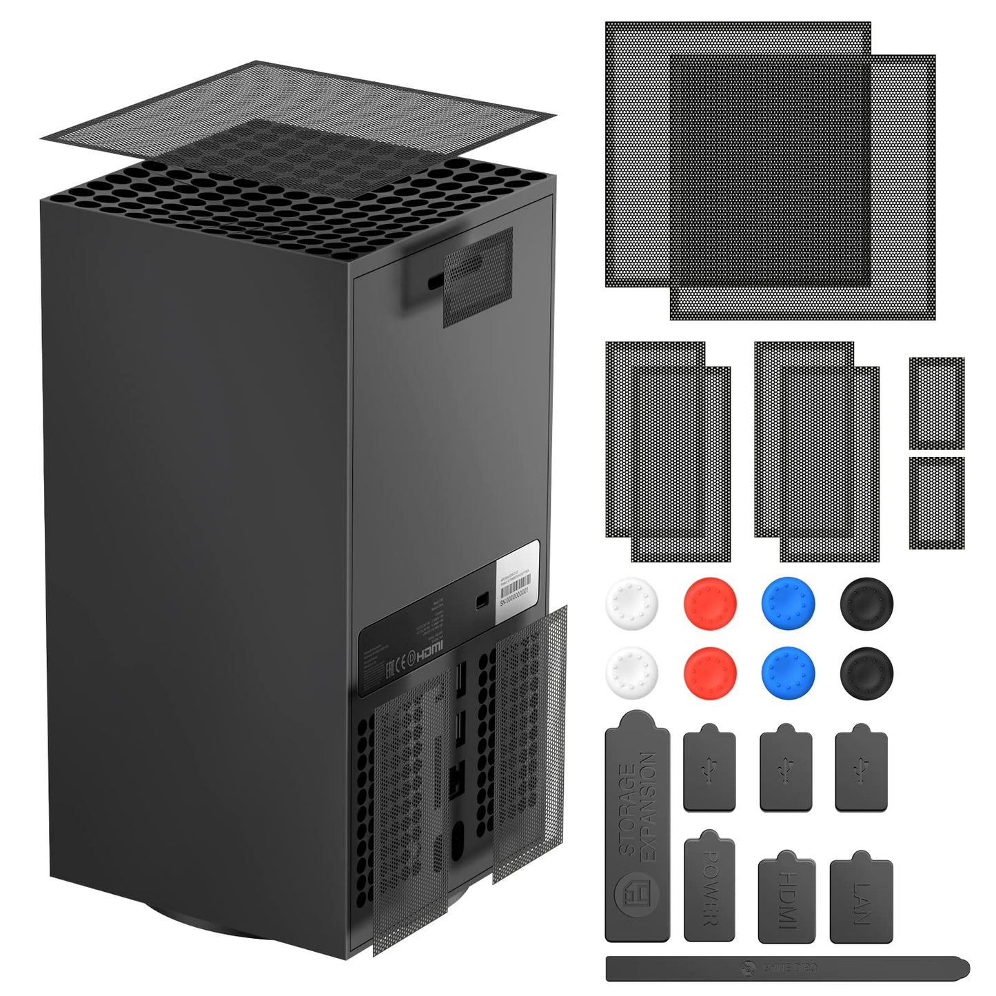 FASTSNAIL Dust Cover for Xbox Series X - 2 Pack PVC Mesh Case & Silicone Dust Plugs, Black, Model XSX29, Includes 8 Joystick Caps
