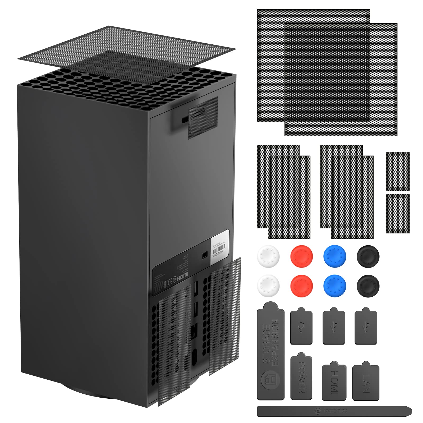 FASTSNAIL Dust Cover for Xbox Series X - 2 Pack PVC Mesh Case & Silicone Dust Plugs, Black, Model XSX29, Includes 8 Joystick Caps