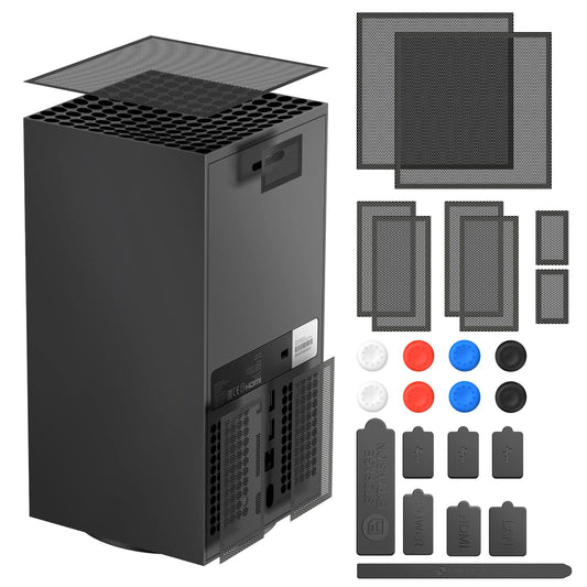 FASTSNAIL Dust Cover for Xbox Series X - 2 Pack PVC Mesh Case & Silicone Dust Plugs, Black, Model XSX29, Includes 8 Joystick Caps